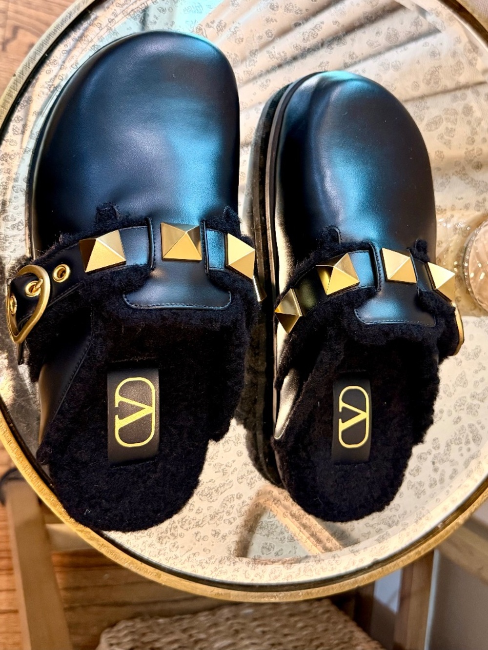 Valentino Leather and Shearling Clogs